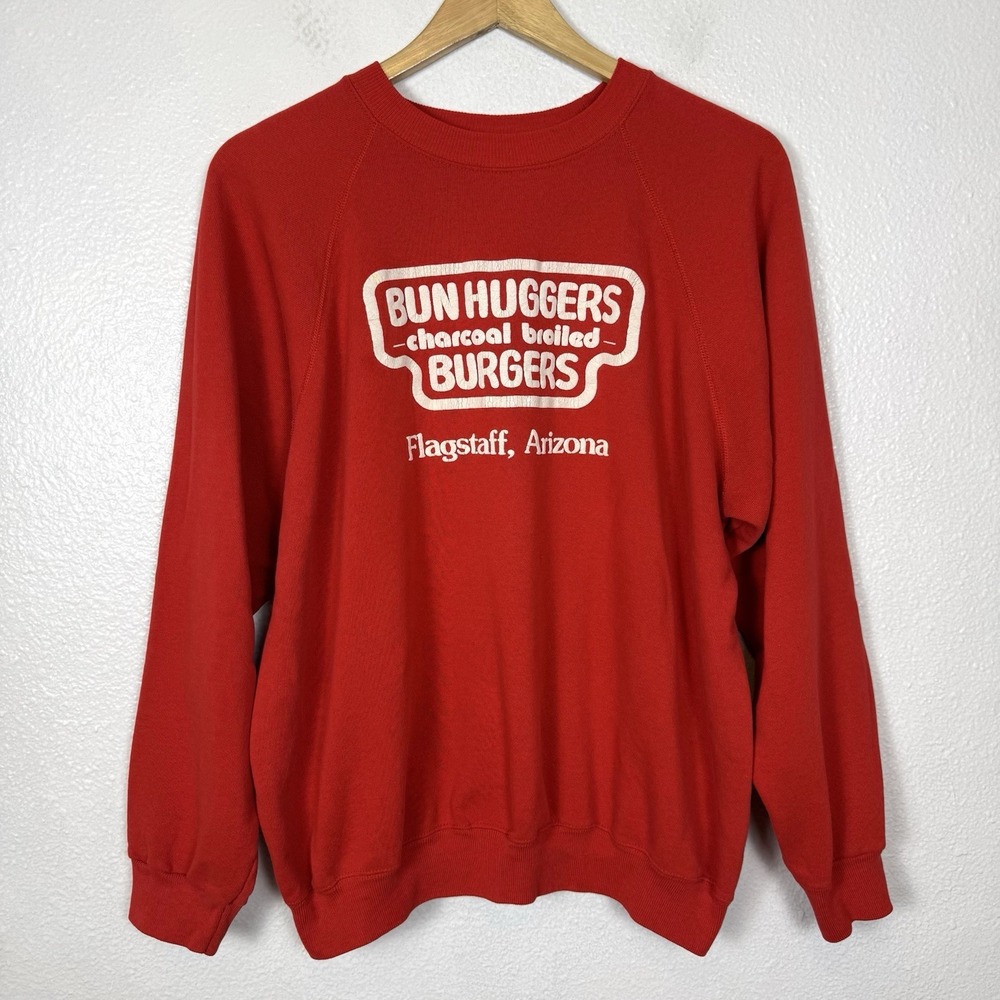Vintage Bun Huggers Sweatshirt Mens Size XL Red Burgers Hanes Pullover Crewneck